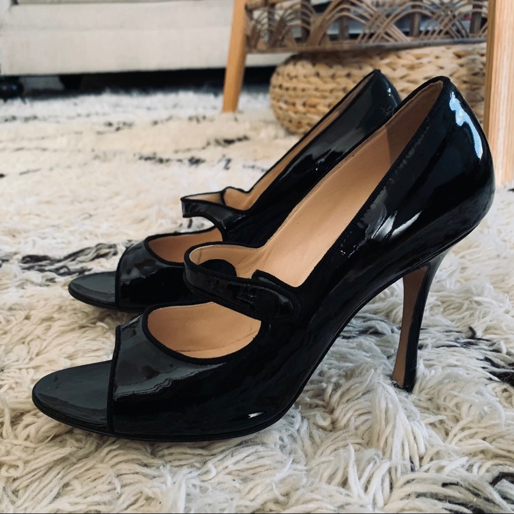 Manolo Blahnik Patent Leather Open Toe Mary Jane